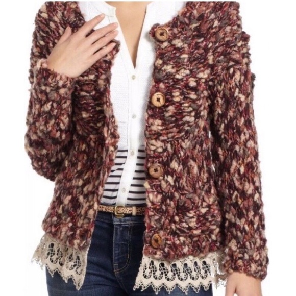 Anthropologie Sweaters - Anthropologie Monogram Red Knit Cardigan Lace Trim